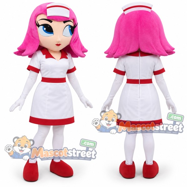 Pink Haired Nurse Mascot Costume with White Dress with Red Trim