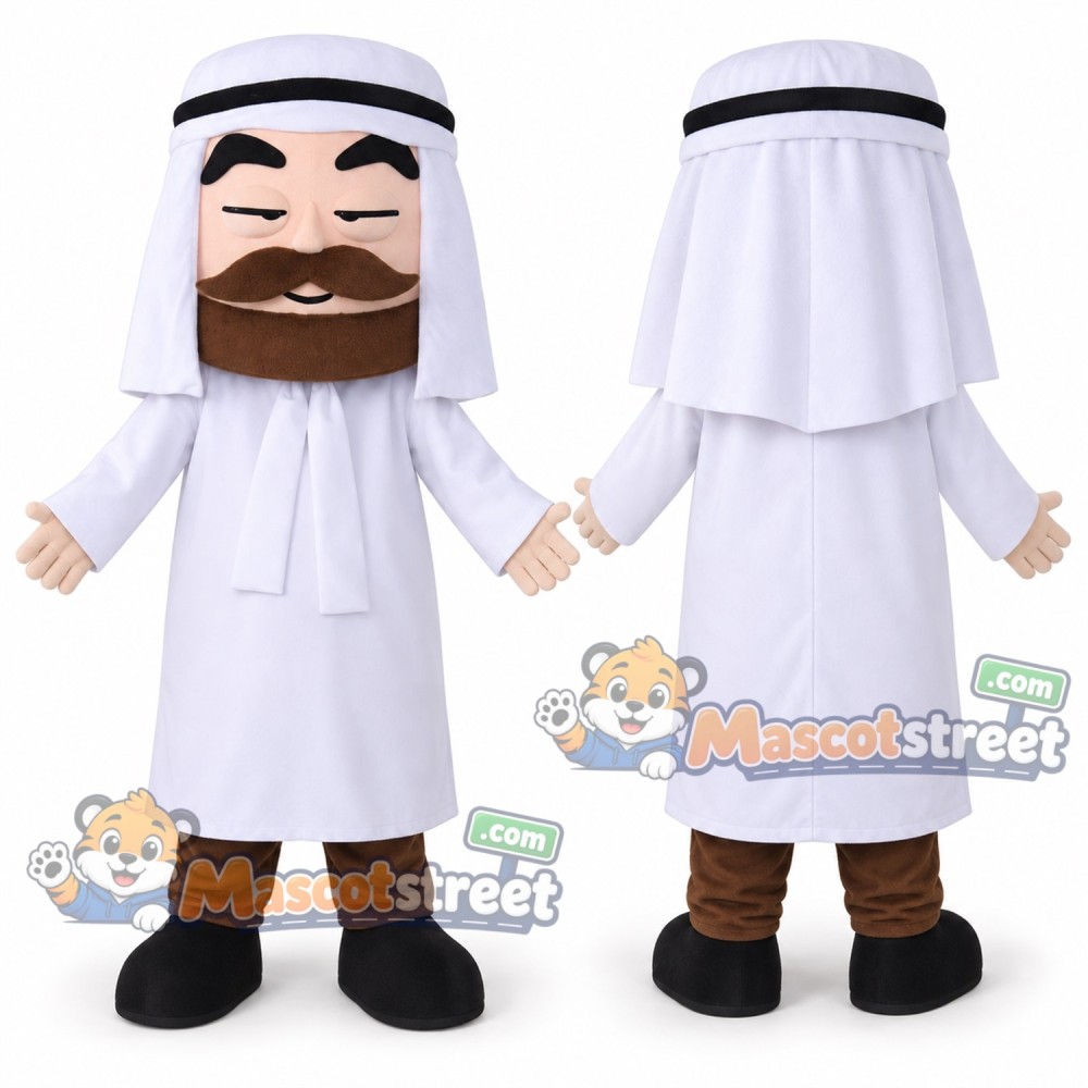 Bearded Man Mascot Costume with White Robe and White Headscarf Bearded Man Mascot Costume with White Robe and White Headscarf
