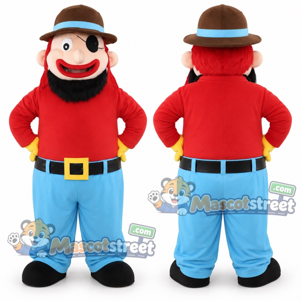 Bearded Pirate Mascot Costume with Red Shirt, Blue Pants and Brown Hat Bearded Pirate Mascot Costume with Red Shirt, Blue Pants and Brown Hat