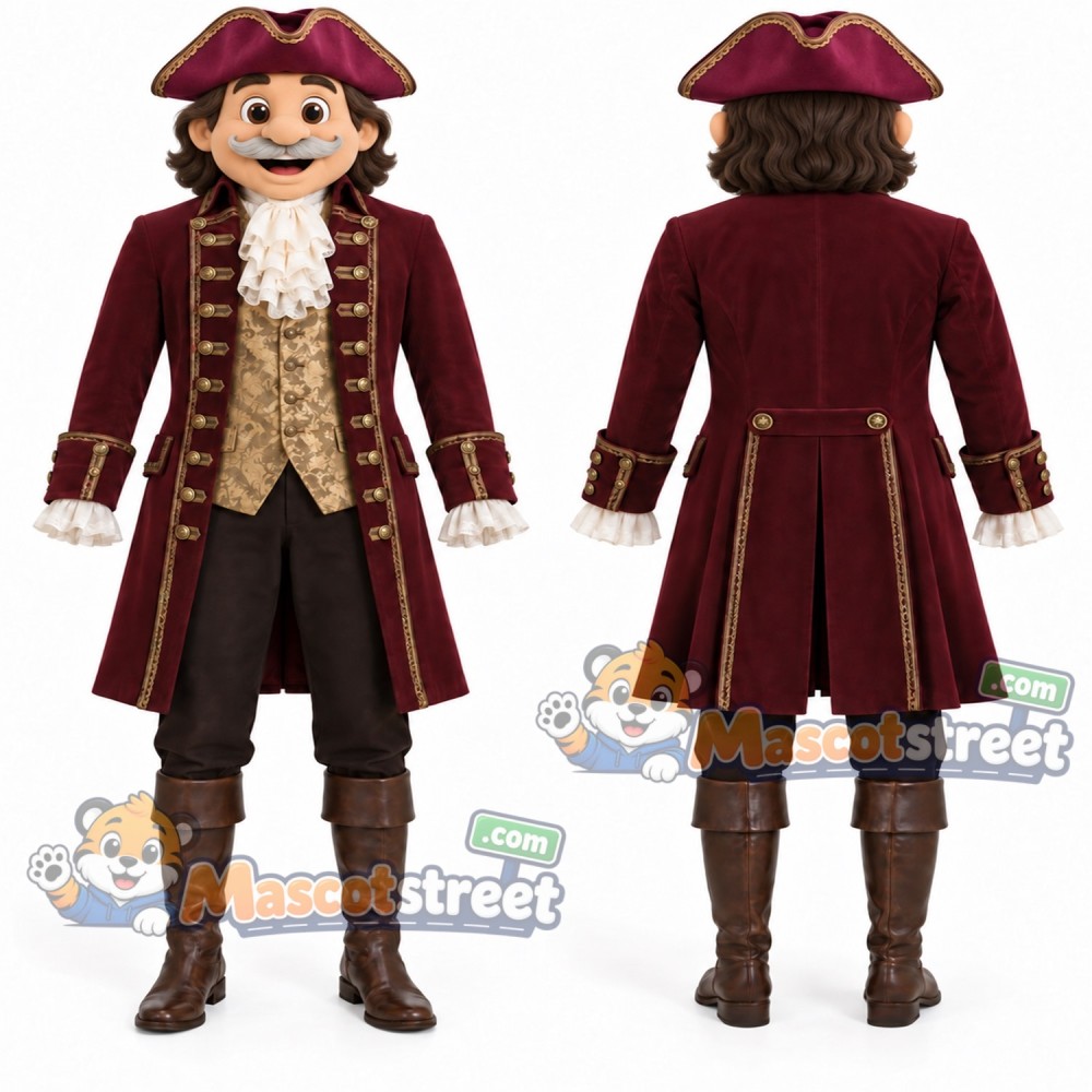 Pirate Captain Mascot Costume with Burgundy Coat and Tricorn Hat Pirate Captain Mascot Costume with Burgundy Coat and Tricorn Hat