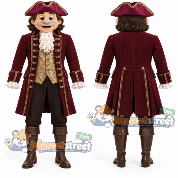 Pirate Captain Mascot Costume with Burgundy Coat and Tricorn Hat