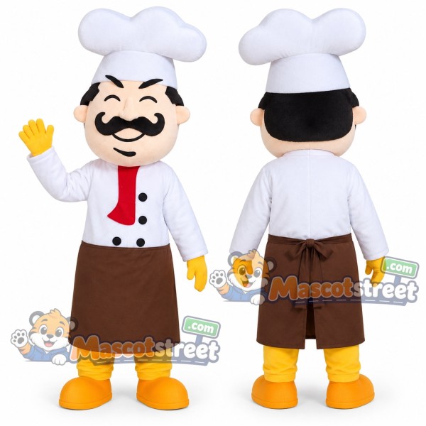 Mustached Chef Mascot Costume with White Shirt, Brown Apron and Chef Hat