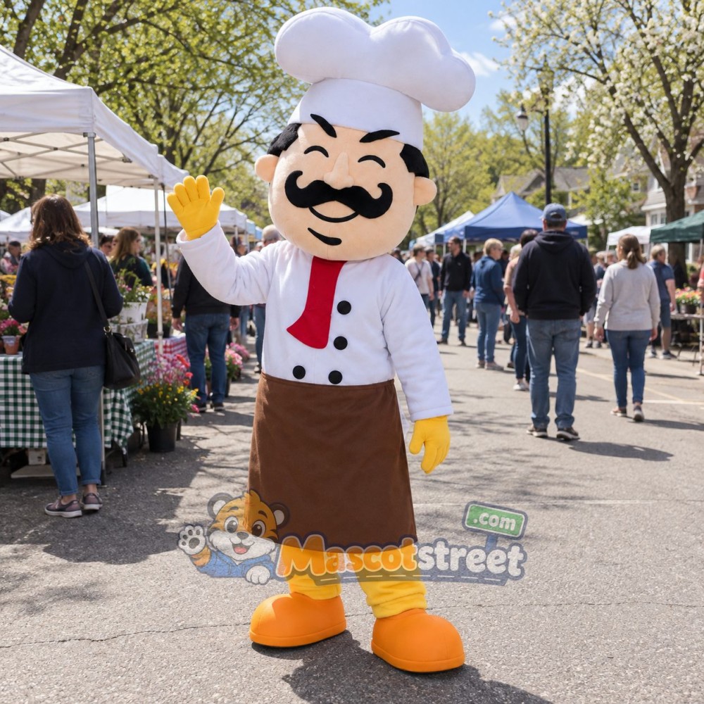 Mustached Chef Mascot Costume with White Shirt, Brown Apron and Chef Hat Mustached Chef Mascot Costume with White Shirt, Brown Apron and Chef Hat