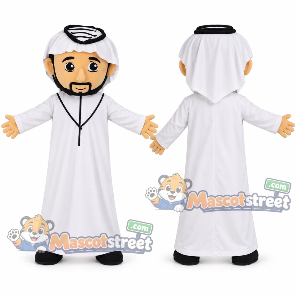 Mustached Man Mascot Costume with White Robe and White Headscarf Mustached Man Mascot Costume with White Robe and White Headscarf
