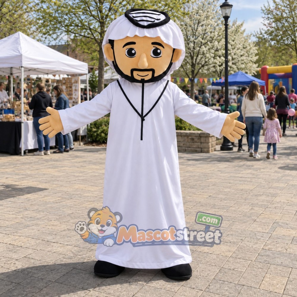 Mustached Man Mascot Costume with White Robe and White Headscarf Mustached Man Mascot Costume with White Robe and White Headscarf