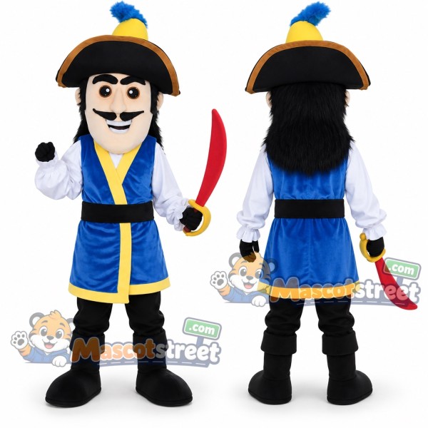Pirate Mascot Costume with Blue Coat and Black Hat