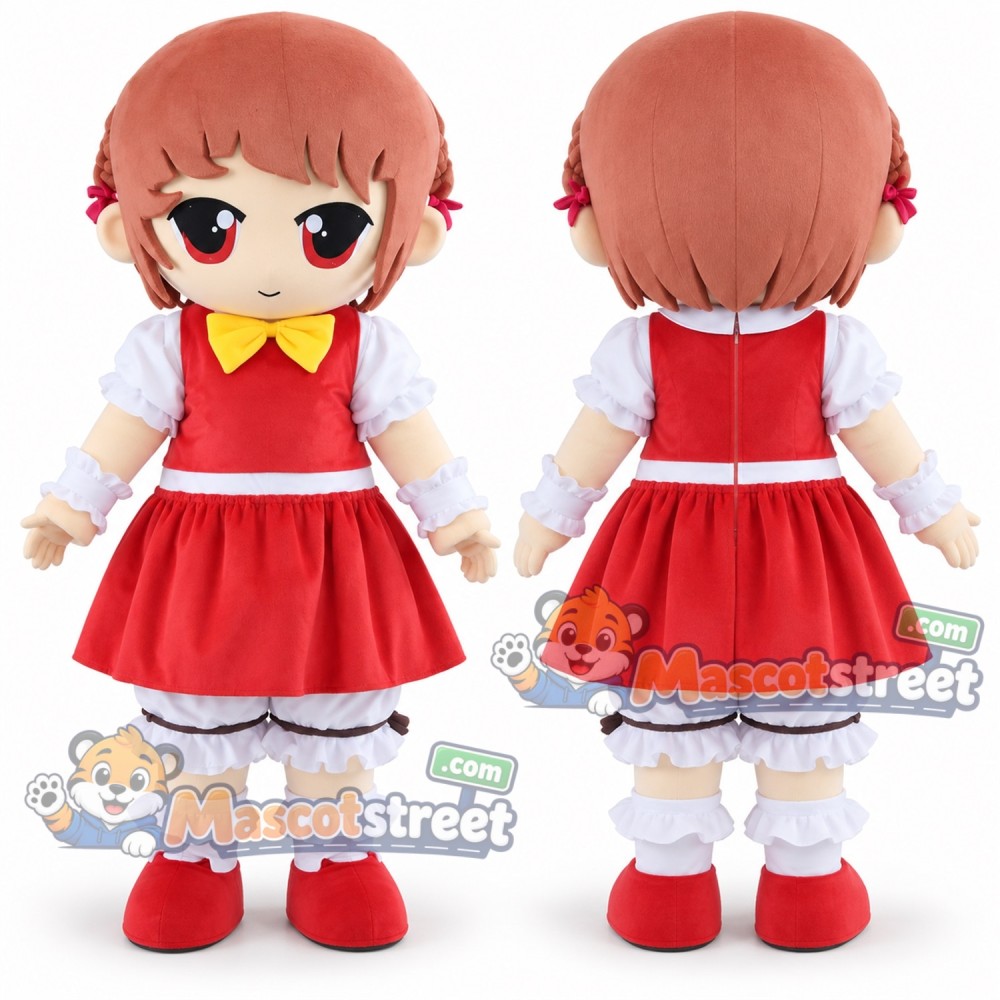 Brown Haired Girl Mascot Costume with Red Dress