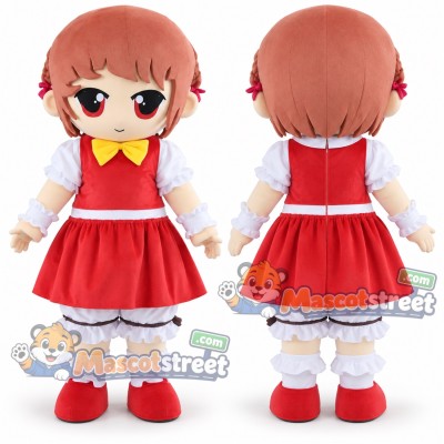 Brown Haired Girl Mascot Costume with Red Dress