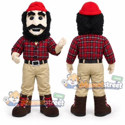 Lumberjack Mascot Costume with Red Plaid Shirt, Beige Pants and Red Knit Hat