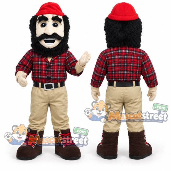 Lumberjack Mascot Costume with Red Plaid Shirt, Beige Pants and Red Knit Hat