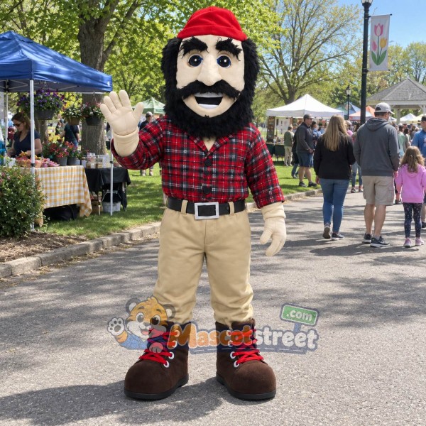 Lumberjack Mascot Costume with Red Plaid Shirt, Beige Pants and Red Knit Hat Lumberjack Mascot Costume with Red Plaid Shirt, Beige Pants and Red Knit Hat