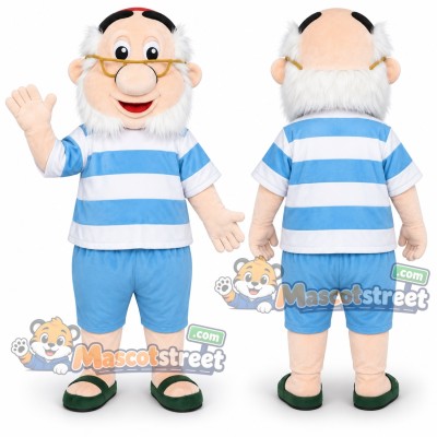 Elderly Man Mascot Costume with Blue Striped Shirt and Blue Shorts Elderly Man Mascot Costume with Blue Striped Shirt and Blue Shorts