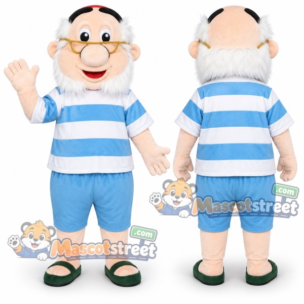 Elderly Man Mascot Costume with Blue Striped Shirt and Blue Shorts
