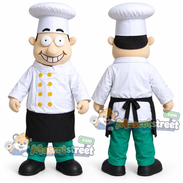 Chef Mascot Costume with White Coat, Black Apron, Green Pants and Chef Hat