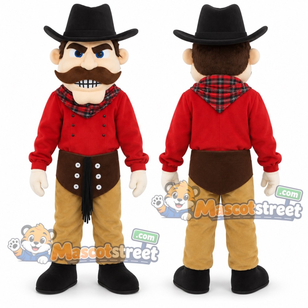 Cowboy Mascot Costume with Red Shirt, Brown Vest, Tan Pants and Black Hat