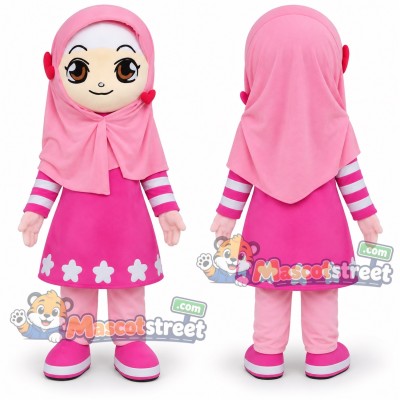 Girl in Pink Headscarf Mascot Costume with Pink Dress Girl in Pink Headscarf Mascot Costume with Pink Dress