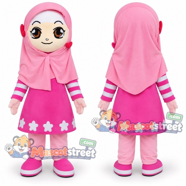 Girl in Pink Headscarf Mascot Costume with Pink Dress
