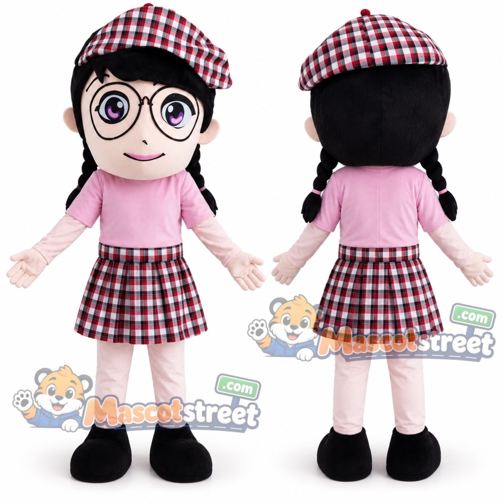 Girl with Glasses Mascot Costume with Pink Shirt, Plaid Skirt and Plaid Cap