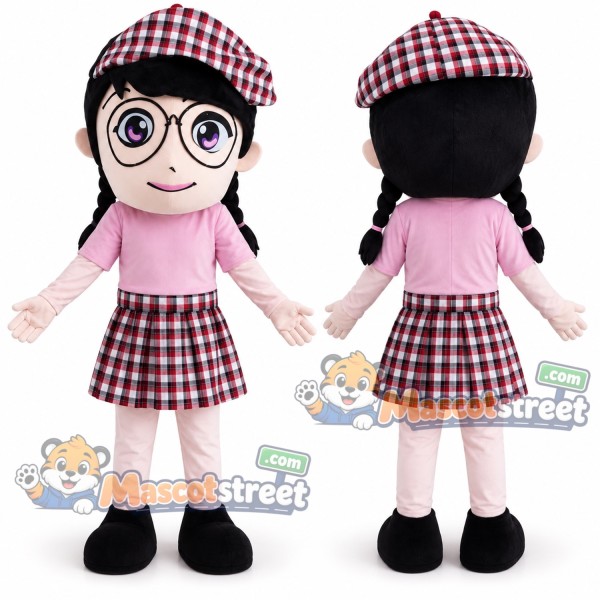 Girl with Glasses Mascot Costume with Pink Shirt, Plaid Skirt and Plaid Cap