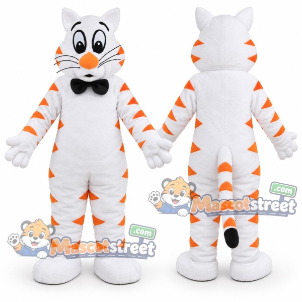 White and Orange Tiger Mascot Costume with Black Bow Tie
