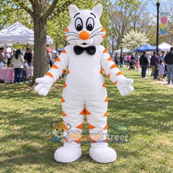 White and Orange Tiger Mascot Costume with Black Bow Tie