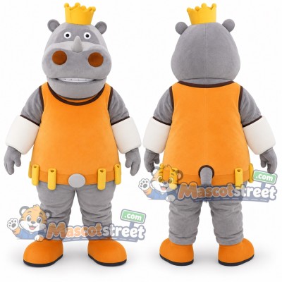 Gray Rhinoceros King Mascot Costume with Orange Tunic and Crown Gray Rhinoceros King Mascot Costume with Orange Tunic and Crown
