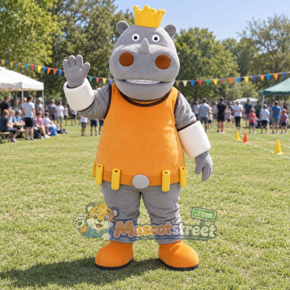 Gray Rhinoceros King Mascot Costume with Orange Tunic and Crown