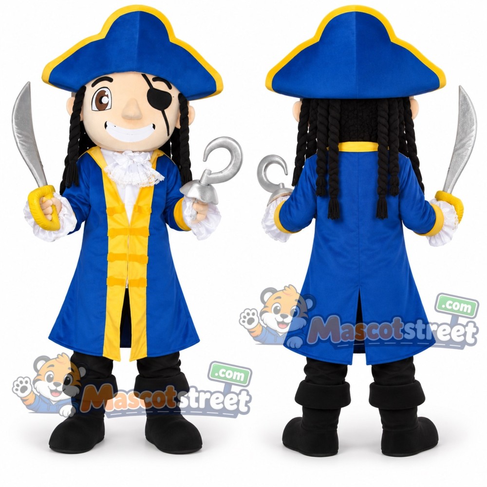 Pirate Captain Mascot Costume with Blue Coat and Tricorn Hat Pirate Captain Mascot Costume with Blue Coat and Tricorn Hat