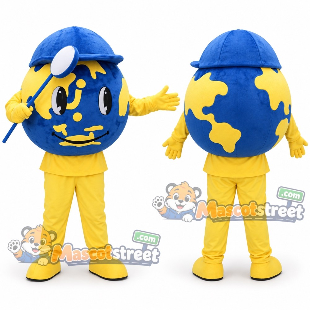 Earth Globe Miner Mascot Costume with Yellow Outfit and Blue Helmet Earth Globe Miner Mascot Costume with Yellow Outfit and Blue Helmet