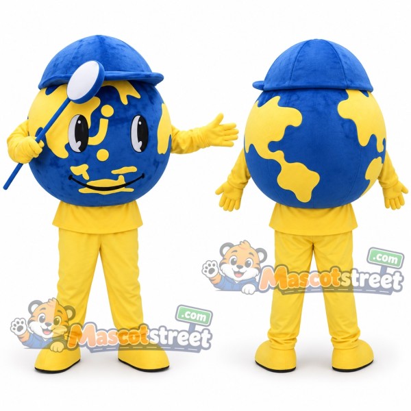 Earth Globe Miner Mascot Costume with Yellow Outfit and Blue Helmet