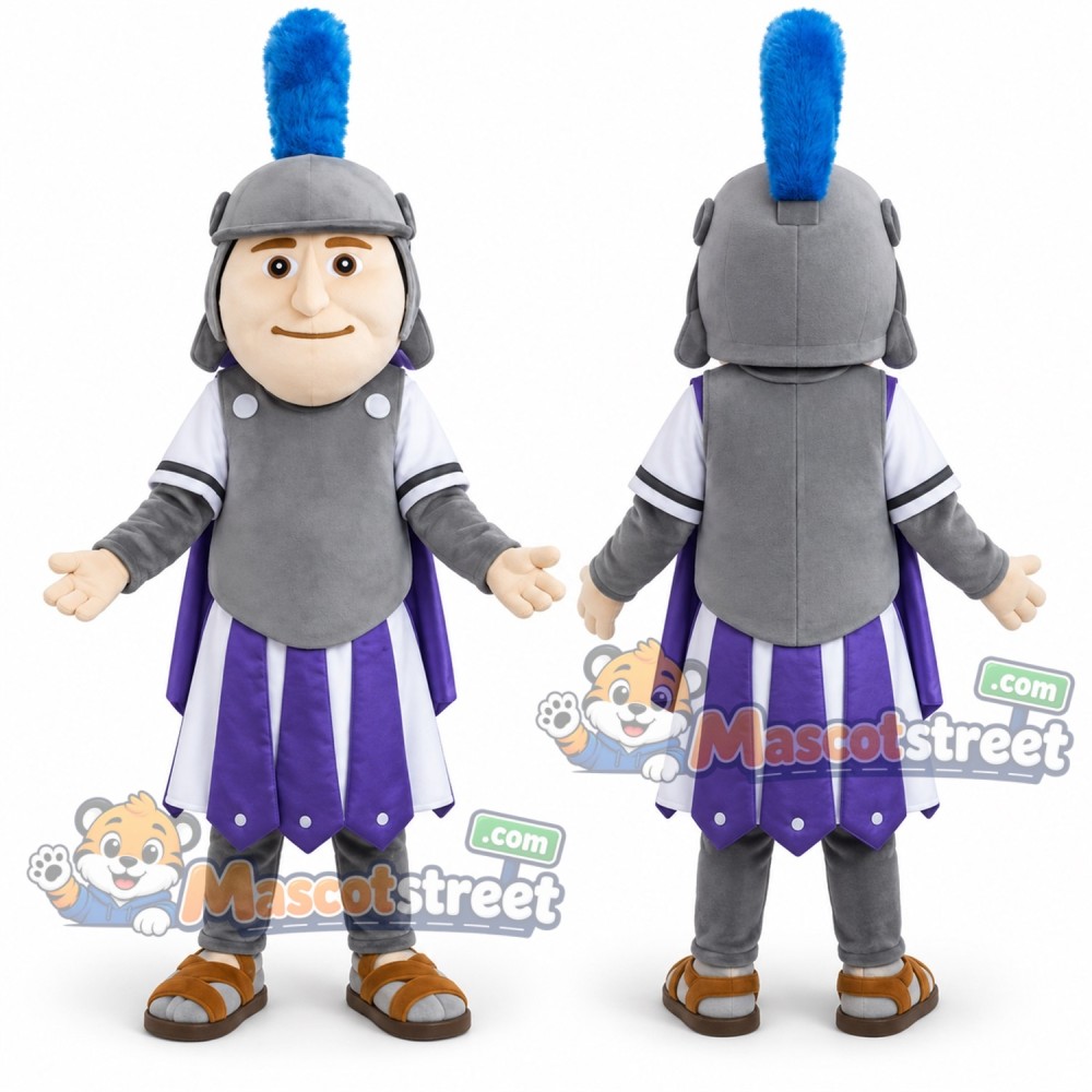 Knight Mascot Costume with Gray Armor, Purple Skirt and Plumed Helmet