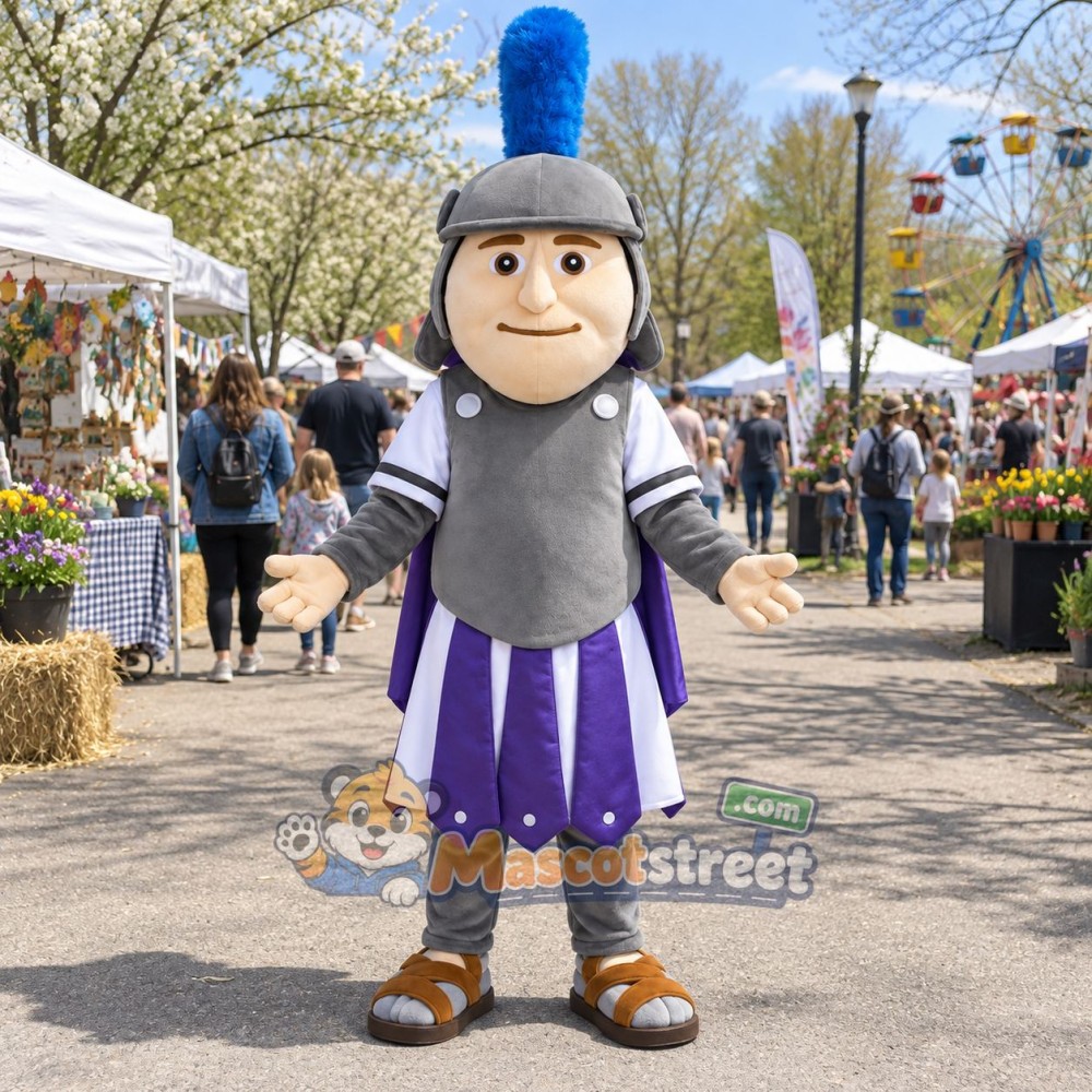 Knight Mascot Costume with Gray Armor, Purple Skirt and Plumed Helmet Knight Mascot Costume with Gray Armor, Purple Skirt and Plumed Helmet