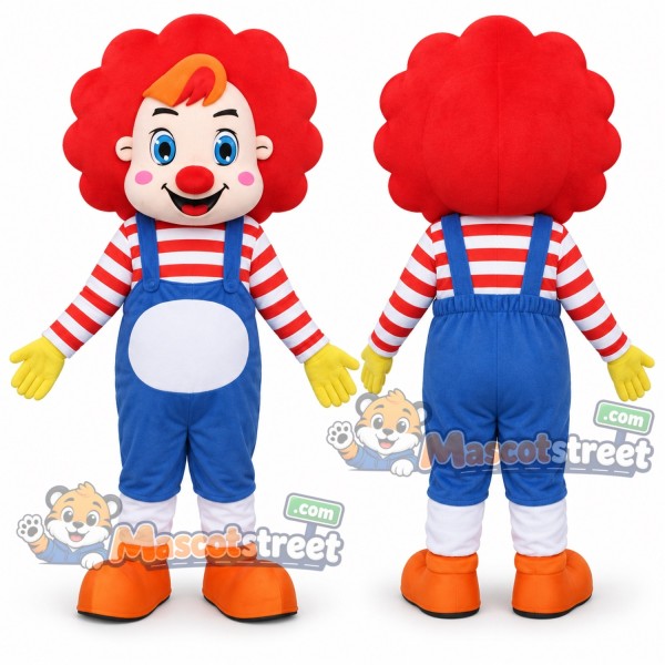 Clown Mascot Costume with Blue Overalls and Red Striped Shirt