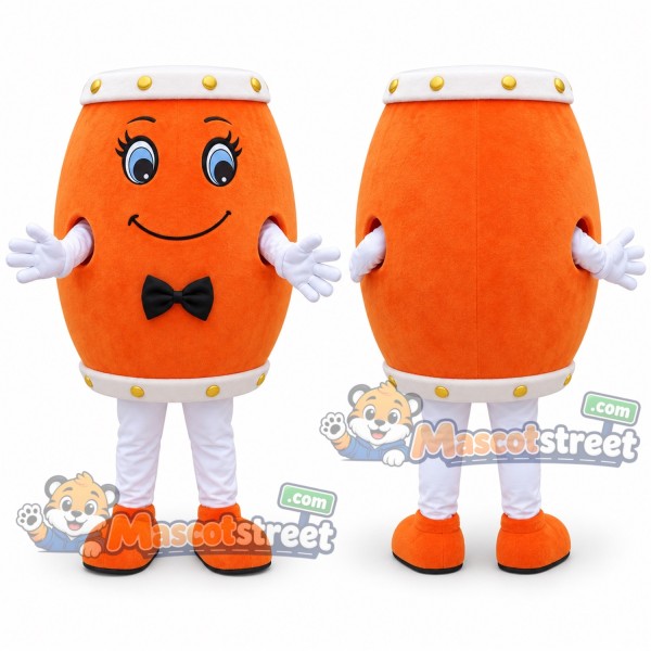 Orange Drum Mascot Costume with Black Bow Tie