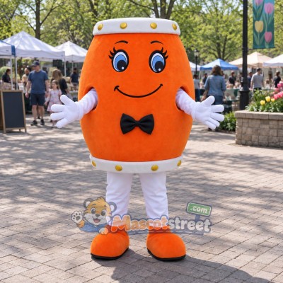 Orange Drum Mascot Costume with Black Bow Tie