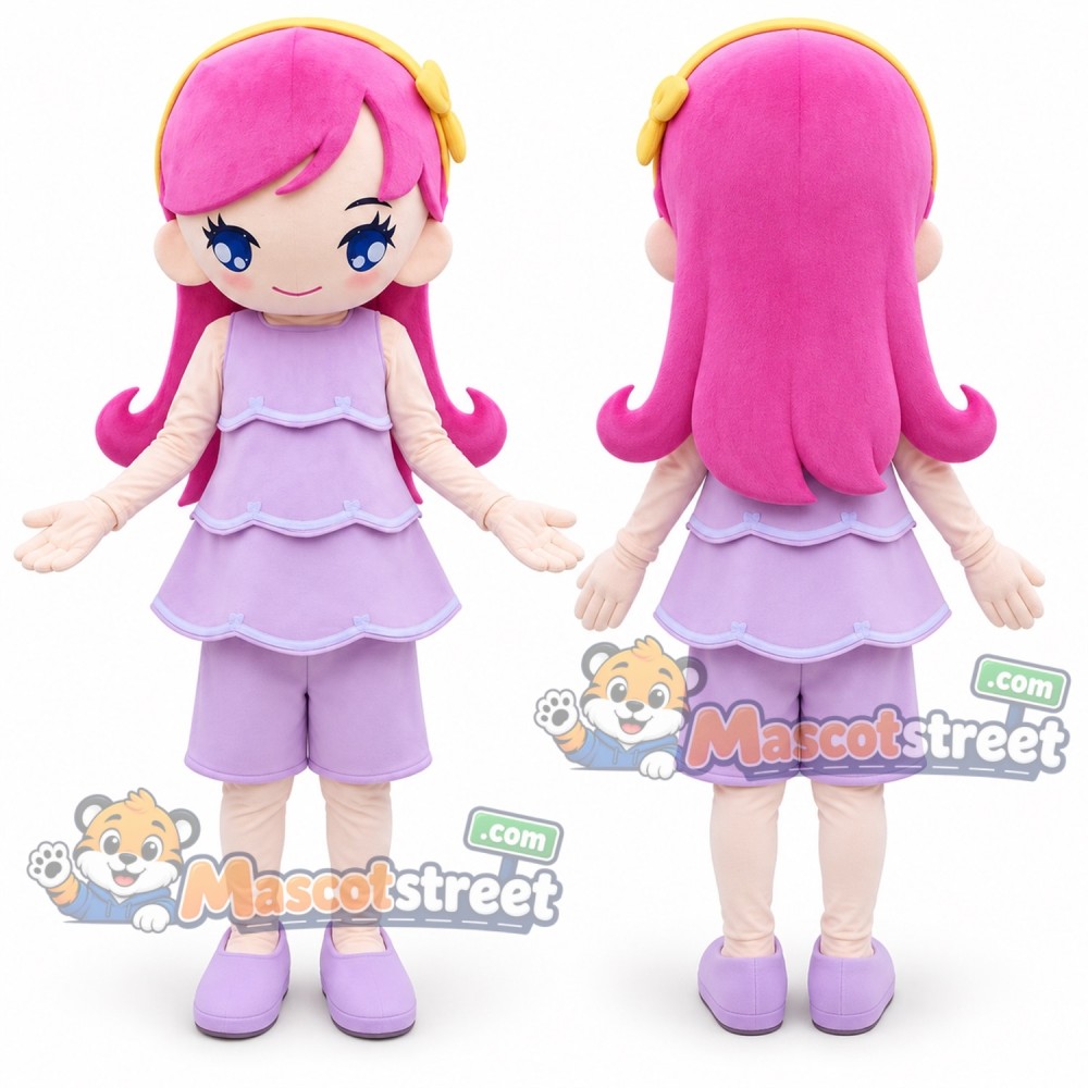 Pink Haired Girl Mascot Costume with Lavender Outfit