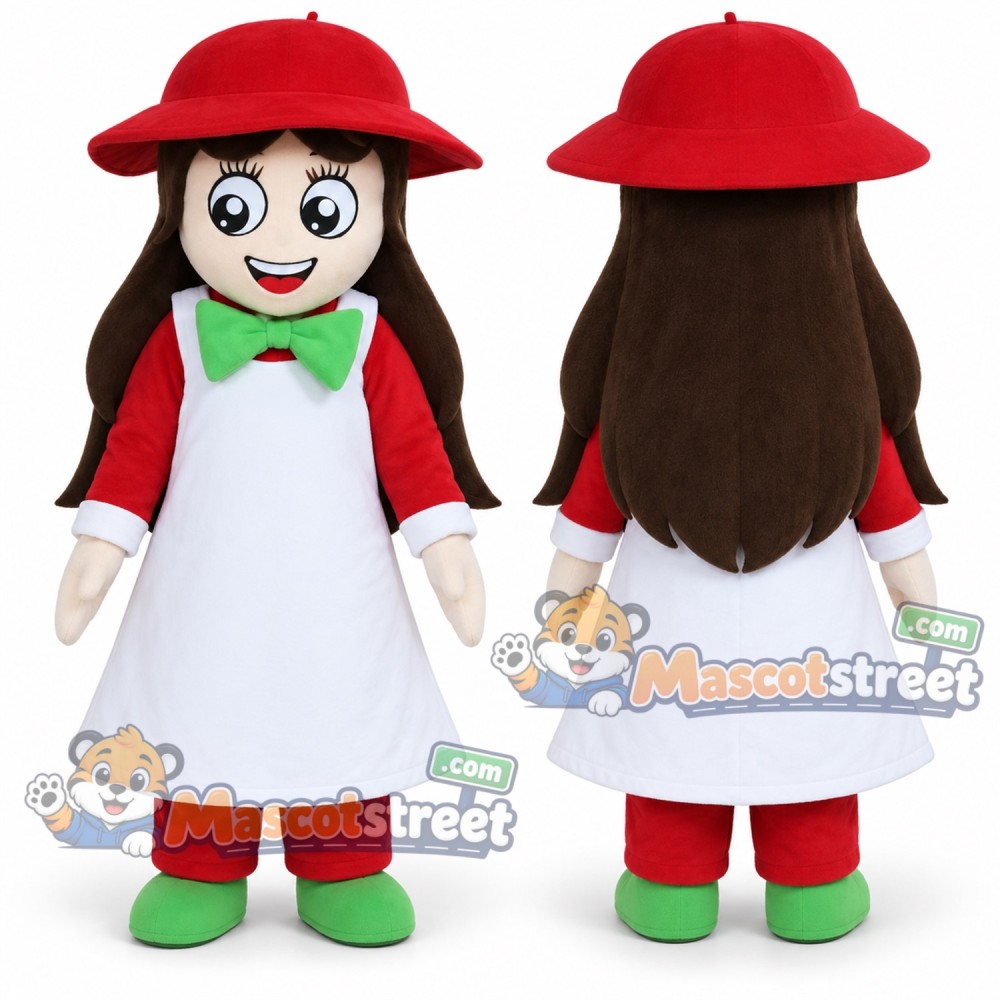 Girl Mascot Costume with White Dress, Red Coat and Red Hat Girl Mascot Costume with White Dress, Red Coat and Red Hat