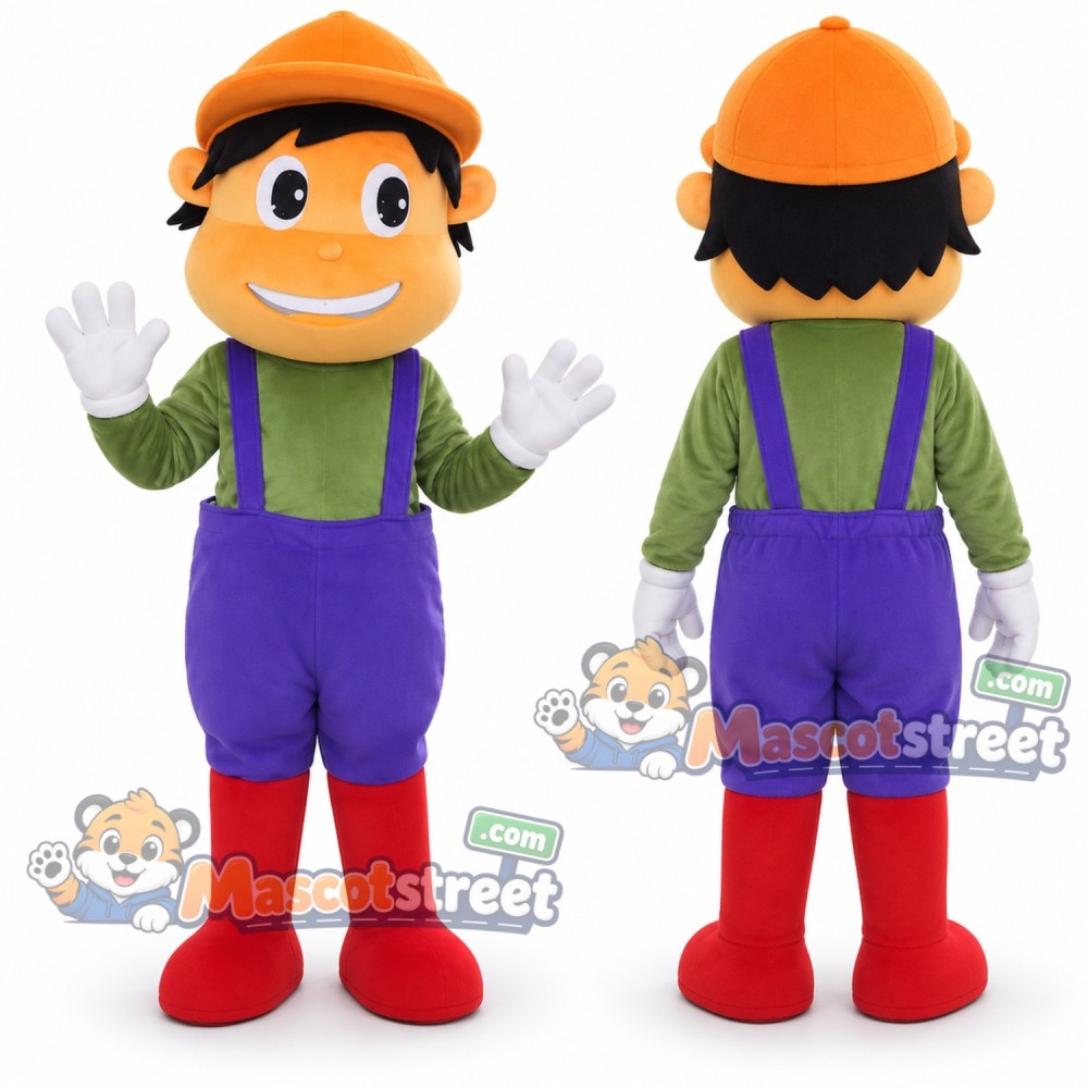 Worker Boy Mascot Costume with Green Shirt, Purple Overalls and Orange Hat Worker Boy Mascot Costume with Green Shirt, Purple Overalls and Orange Hat