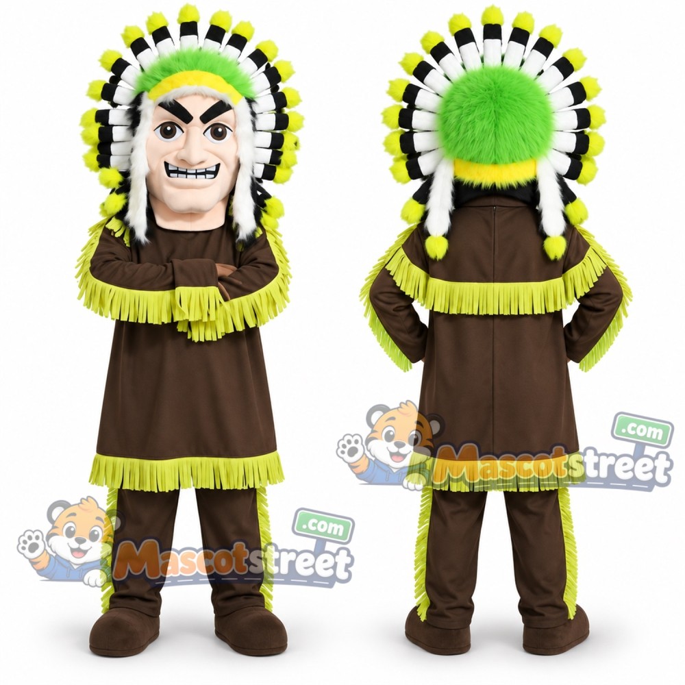 Man in Feathered Headdress Mascot Costume with Brown Outfit with Green Trim