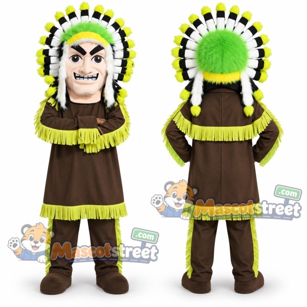 Man in Feathered Headdress Mascot Costume with Brown Outfit with Green Trim