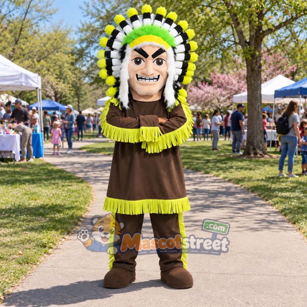 Man in Feathered Headdress Mascot Costume with Brown Outfit with Green Trim
