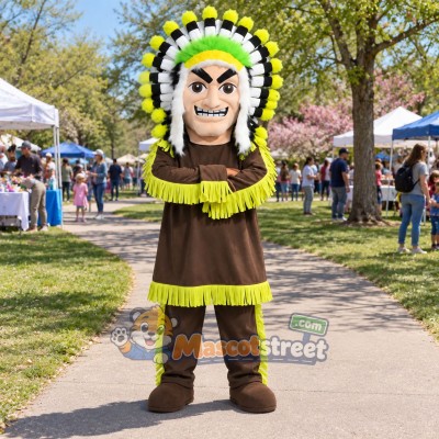 Man in Feathered Headdress Mascot Costume with Brown Outfit with Green Trim