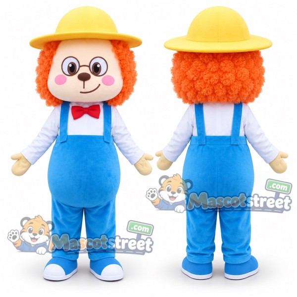 Clown Mascot Costume with Blue Overalls and Yellow Hat