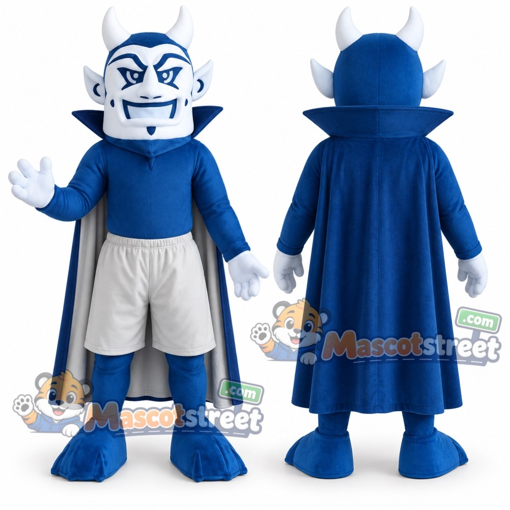 Blue Devil Mascot Costume with Blue Cape and Gray Shorts Blue Devil Mascot Costume with Blue Cape and Gray Shorts