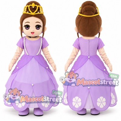 Brown Haired Princess Mascot Costume with Purple Gown and Crown