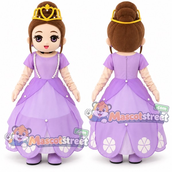 Brown Haired Princess Mascot Costume with Purple Gown and Crown