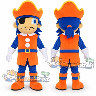 Pirate Boy Mascot Costume with Orange and Blue Outfit and Pirate Hat Pirate Boy Mascot Costume with Orange and Blue Outfit and Pirate Hat