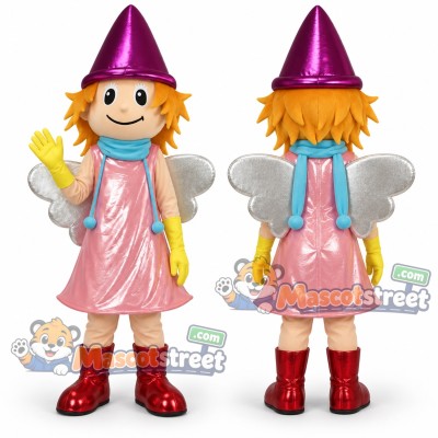 Blond Fairy Mascot Costume with Pink Dress, Teal Scarf and Purple Pointed Hat Blond Fairy Mascot Costume with Pink Dress, Teal Scarf and Purple Pointed Hat