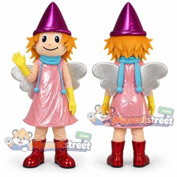 Blond Fairy Mascot Costume with Pink Dress, Teal Scarf and Purple Pointed Hat