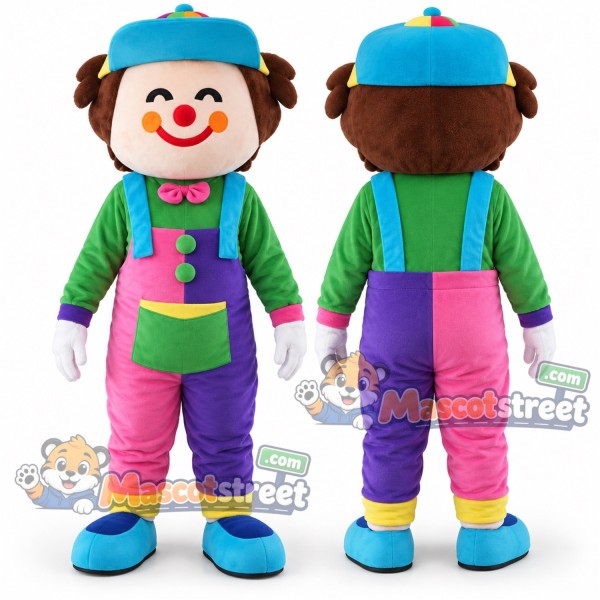 Clown Mascot Costume with Multicolor Overalls and Blue Cap